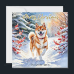 Cartes Pour Fêtes Annuelles Shiba Inu Chien En Neige Joyeux Noël<br><div class="desc">Envoyez le charme canin à vos amis et à votre famille avec cette carte de Noël Shiba Inu. Le chien recouvert de rouge est représenté en train de courir heureux à travers un paysage enneigé, avec des arbres à feuillage persistant et des baies rouges, par une journée d'hiver brillante. L'image...</div>