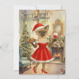 Cartes Pour Fêtes Annuelles Siamese Cat sert un verre de Noël avec un biscuit