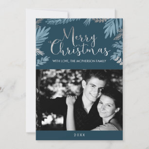 Cartes Pour Fêtes Annuelles Silver et Feuilles bleus Joyeux Noël Photo