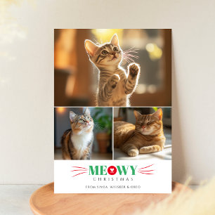 Cartes Pour Fêtes Annuelles Simple 3 Photo Rouge Vert Meowa Noël mignonne Chat