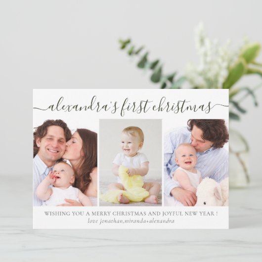 Cartes Pour Fêtes Annuelles Simple bébé First Christmas Photo Collage Vert (Debout devant)