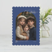Cartes Pour Fêtes Annuelles Simple Bleu Joyeux Script de Noël Photo Scallopé (Debout devant)