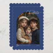 Cartes Pour Fêtes Annuelles Simple Bleu Joyeux Script de Noël Photo Scallopé (Devant / Derrière)