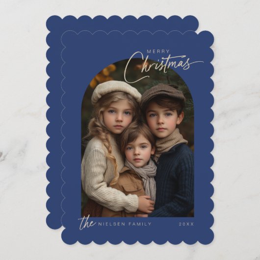 Cartes Pour Fêtes Annuelles Simple Bleu Joyeux Script de Noël Photo Scallopé (Devant / Derrière)