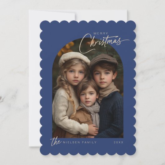 Cartes Pour Fêtes Annuelles Simple Bleu Joyeux Script de Noël Photo Scallopé (Devant)