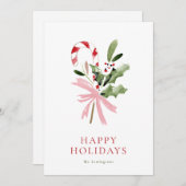Cartes Pour Fêtes Annuelles Simple Candy Cane Holly & Bow No Photo (Devant / Derrière)