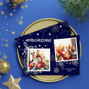 Cartes Pour Fêtes Annuelles Simple élégante Bleu foncé 2 cadres photo Famille