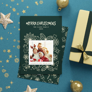 Cartes Pour Fêtes Annuelles Simple élégante famille 1 cadre photo en vert fonc
