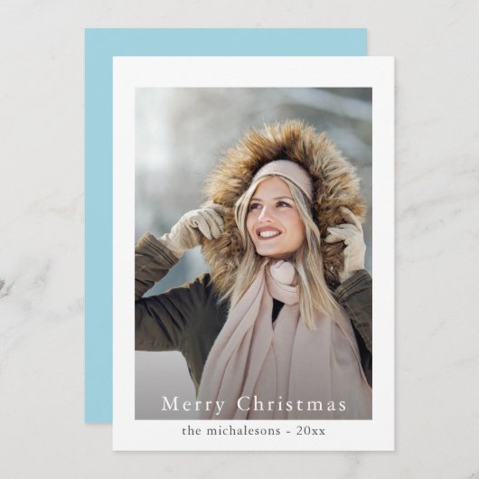 Cartes Pour Fêtes Annuelles Simple et élégant Bleu Joyeux Noël Photo (Devant / Derrière)