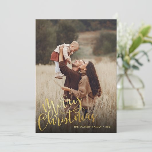 Cartes Pour Fêtes Annuelles Simple Gold Foil Script Joyeux Noël 2 Photo (Debout devant)