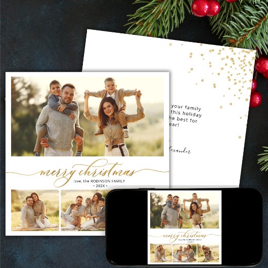 Cartes Pour Fêtes Annuelles Simple Gold Script 4 Multi Photo Noël