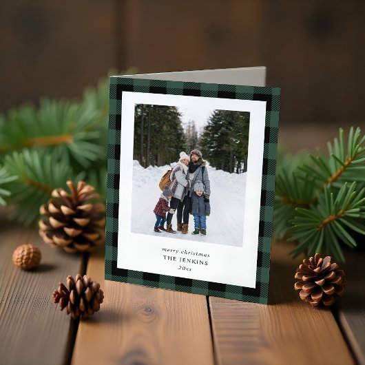 Cartes Pour Fêtes Annuelles Simple Green Black Plaid Border 3 Photo Christmas