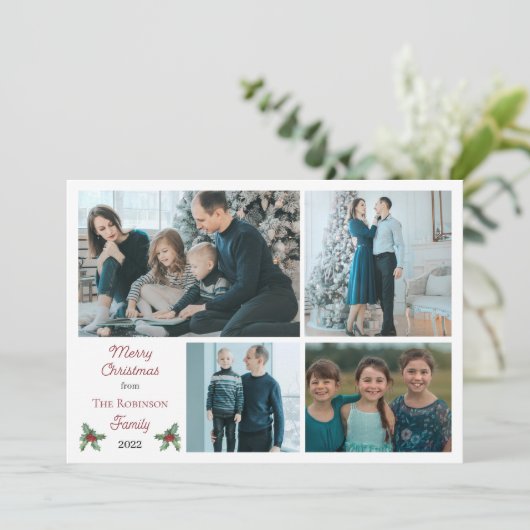 Cartes Pour Fêtes Annuelles Simple Holly Berries Joyeux Noël 4 Photo (Debout devant)