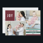 Cartes Pour Fêtes Annuelles Simple Joy 3 Photo Collage Stripes Modernes | Maro<br><div class="desc">Cette carte de vacances 3 photo collage élégant dispose d'une police simple et moderne, avec un design rayé en rouge marron de canneberge, vert, menthe, menthe légère et blush. Les modèles photo comprennent une forme carré, une horizontale et une verticale. Le dos de la carte contient un amusant motif de...</div>