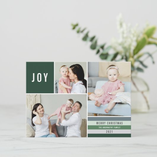 Cartes Pour Fêtes Annuelles Simple Joy 3 Photo Collage Stripes Modernes | Vert (Debout devant)
