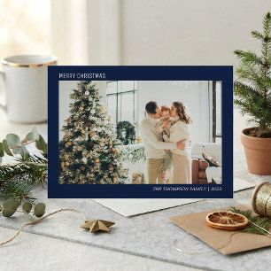 Cartes Pour Fêtes Annuelles Simple Minimaliste Photo Noël Bleu Marine Christma