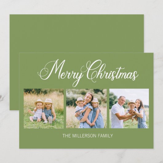 Cartes Pour Fêtes Annuelles Simple moderne Joyeux Noël 3 Photo Vert (Devant / Derrière)