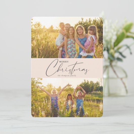 Cartes Pour Fêtes Annuelles Simple moderne Joyeux Noël rose Script photo (Debout devant)