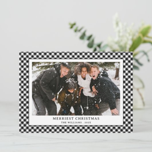 Cartes Pour Fêtes Annuelles Simple Noir Blanc En vichy Platiné Photo Noël (Debout devant)