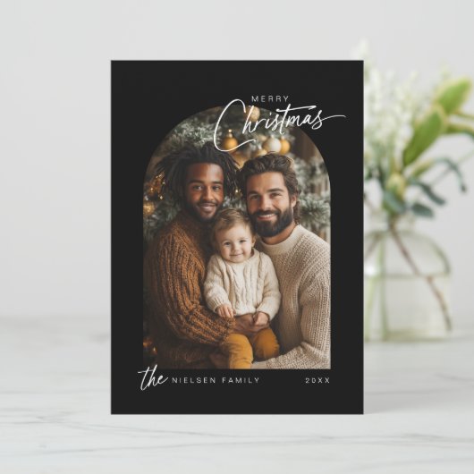 Cartes Pour Fêtes Annuelles Simple noir blanc Joyeux Noël Script Photo (Debout devant)