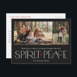 Cartes Pour Fêtes Annuelles Simple Paix Photo Noir Rouge<br><div class="desc">Ces simples cartes postales de voeux de vacances comprennent le message, "Souhaitez-vous un joyeux Noël et une bonne année", ainsi que le message, "Esprit de paix", en grandes lettres d'ivoire et de rouge sur un arrière - plan noir avec des espaces réservés pour ajouter deux de vos photos préférées, nom...</div>