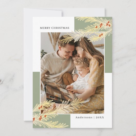 Cartes Pour Fêtes Annuelles Simple Pine Branches Gold & Green Photo Christmas (Devant)