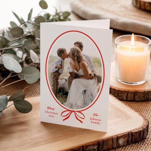 Cartes Pour Fêtes Annuelles Simple Red Bow Oval Photo Noël
