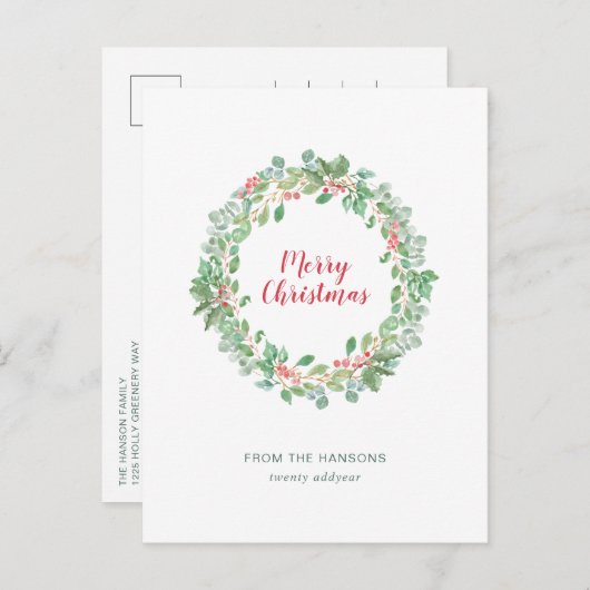 Cartes Pour Fêtes Annuelles Simple rustique verdure couronne Joyeux Noël (Devant / Derrière)