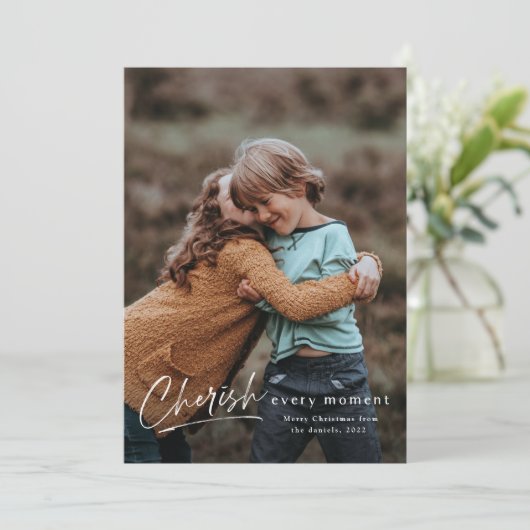 Cartes Pour Fêtes Annuelles Simple Script Cherish Chaque instant Photo Noël (Debout devant)