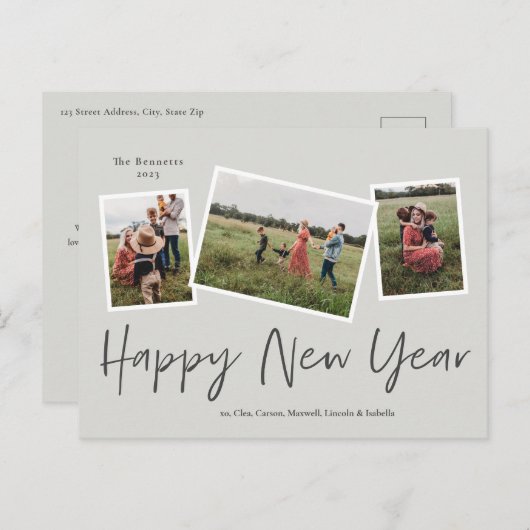 Cartes Pour Fêtes Annuelles Simple Script Joyeux Nouvel An 3 Photo Collage (Devant / Derrière)