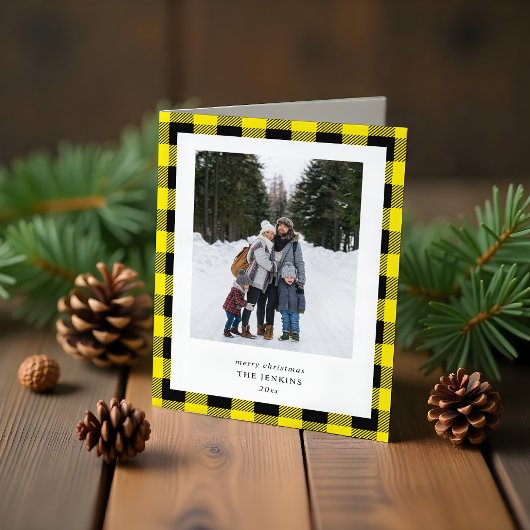Cartes Pour Fêtes Annuelles Simple Yellow Black Plaid Border 3 Photo Christmas