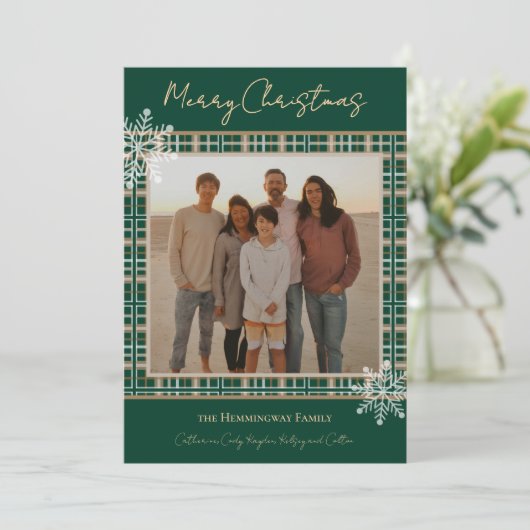 Cartes Pour Fêtes Annuelles Simplement Élégant Green Plaid Snowflakes Noël (Debout devant)