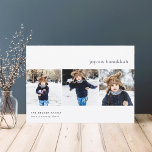 Cartes Pour Fêtes Annuelles Simplicité | Hanoukka Photo Collage Card<br><div class="desc">Envoyez vos salutations Hanoukka à vos amis et à votre famille avec nos élégants cartes photos. Conçu pour accueillir trois de vos photos carrés préférées disposées côte à côte dans un format de collage, la carte comporte votre message d'accueil Hanoukka personnalisé (illustré par "Joyous Hanoukka") et le ou les nom(s)...</div>