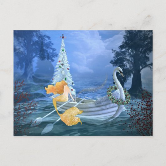 Cartes Pour Fêtes Annuelles Sirène, bateau de cygne et arbre de Noël magiques (Devant)