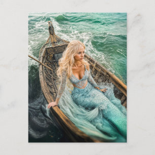 Cartes Pour Fêtes Annuelles Sirène dans un bateau sur des vagues de mer orageu
