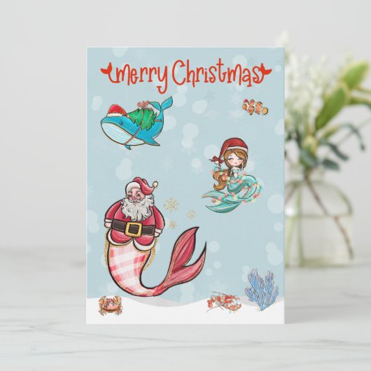 Cartes Pour Fêtes Annuelles Sirène Joyeux Noël Père Noël Vie Marine (Debout devant)