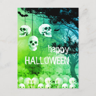 Cartes Pour Fêtes Annuelles Skeleton Bonne Halloween Soirée Verte Avec Crânes