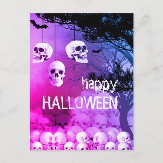 Cartes Pour Fêtes Annuelles Skeleton Joyeuse Halloween Purple Nuit Avec Crânes (Devant)