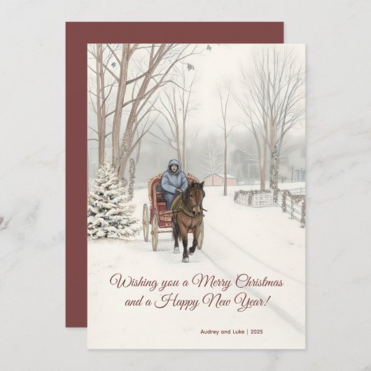 Cartes Pour Fêtes Annuelles Sketch Horse Drawn Carriage Snow Scene Design (Devant / Derrière)