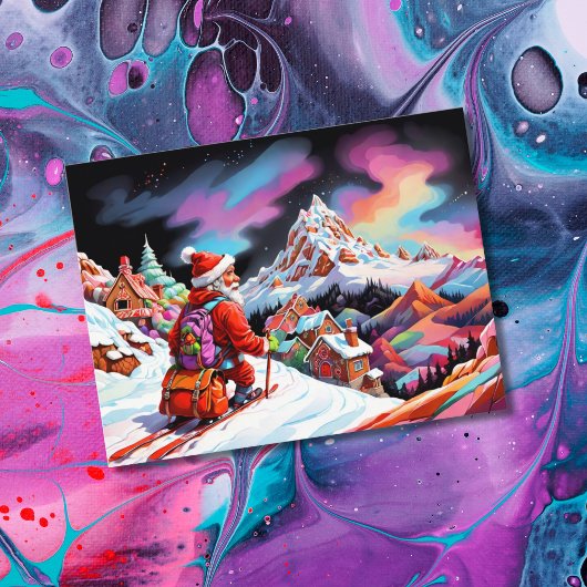 Cartes Pour Fêtes Annuelles Ski père Noël vue sur la vallée Noël