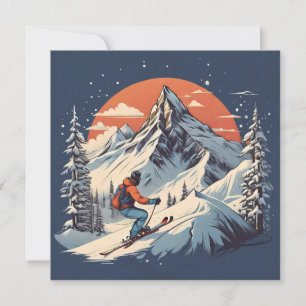 Cartes Pour Fêtes Annuelles Skis vintage montagne pinède "coucher de soleil or
