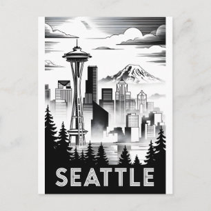 Cartes Pour Fêtes Annuelles Skyline de Seattle, Washington en noir et blanc en