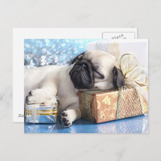 Cartes Pour Fêtes Annuelles Sleeping puppy pug and Christmas venin (Devant / Derrière)