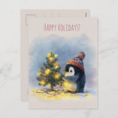 Cartes Pour Fêtes Annuelles Small penguin decorates tiny Christmas tree, (Devant / Derrière)