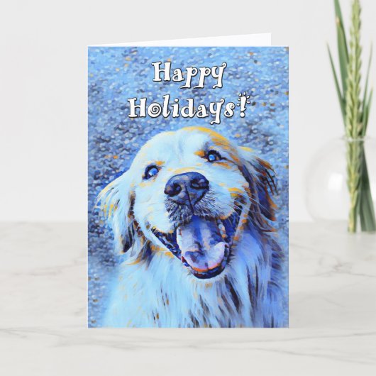 Cartes Pour Fêtes Annuelles Smiling Golden Retriever Chien Bleu Art Noël (Devant)