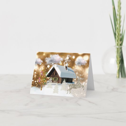 Cartes Pour Fêtes Annuelles Snow Cottage Golden Bokeh (Devant)