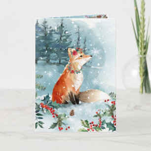 Cartes Pour Fêtes Annuelles Snow Woodland Foxes Blue Modern Floral