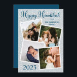 Cartes Pour Fêtes Annuelles Snowfall Happy Hanoukka 4 Photo - Bleu | Gris<br><div class="desc">Chute de neige rustique sur un arrière - plan gris bleu (turquoise pâle) "Happy Hanoukka!" quatre photos encadrées collage design vacances avec un arrière - plan bleu océan solide sur le dos. Ajoutez simplement votre nom de famille et l'année ainsi que vos photos pour compléter le design. Conception composite par...</div>