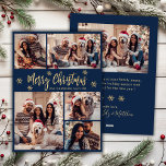 Cartes Pour Fêtes Annuelles Snowflake Marine et Gold 5 Collage photo Noël<br><div class="desc">Elégante Calligraphie moderne Marine et Gold Snowflakes 5 Collage photo Joyeux Script Carte de vacances. Ce modèle festif, minimaliste, cinq (5) cartes de voeux de vacances photo présente un joli montage photo en grille, un flocon de neige et dit "Joyeux Noël"! Le texte fantaisiste de voeux "Joyeux Noël" est écrit...</div>
