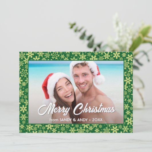 Cartes Pour Fêtes Annuelles Snowflake Noël Photo 2 Side Designs Vert (Debout devant)